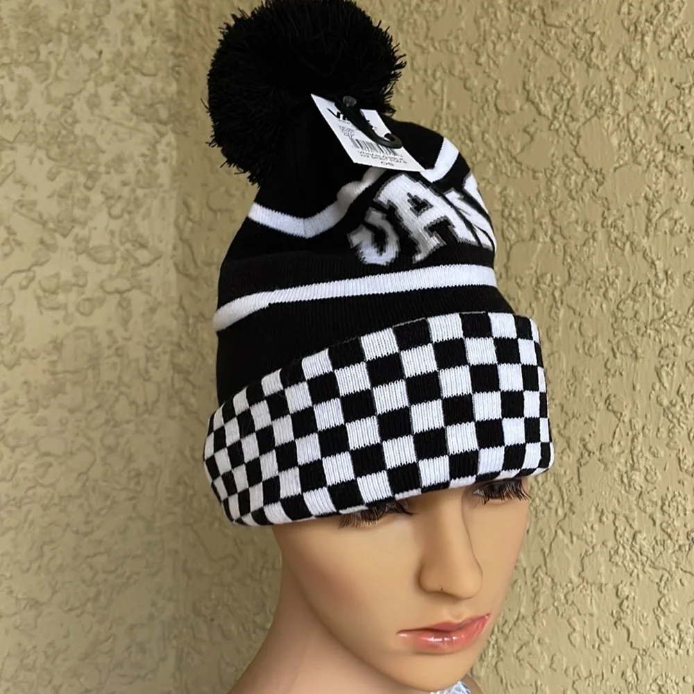 Vans WM Spirit Pom Black Checker Beanie Skateboarding Hat Women Men VN0A5LG3BLK